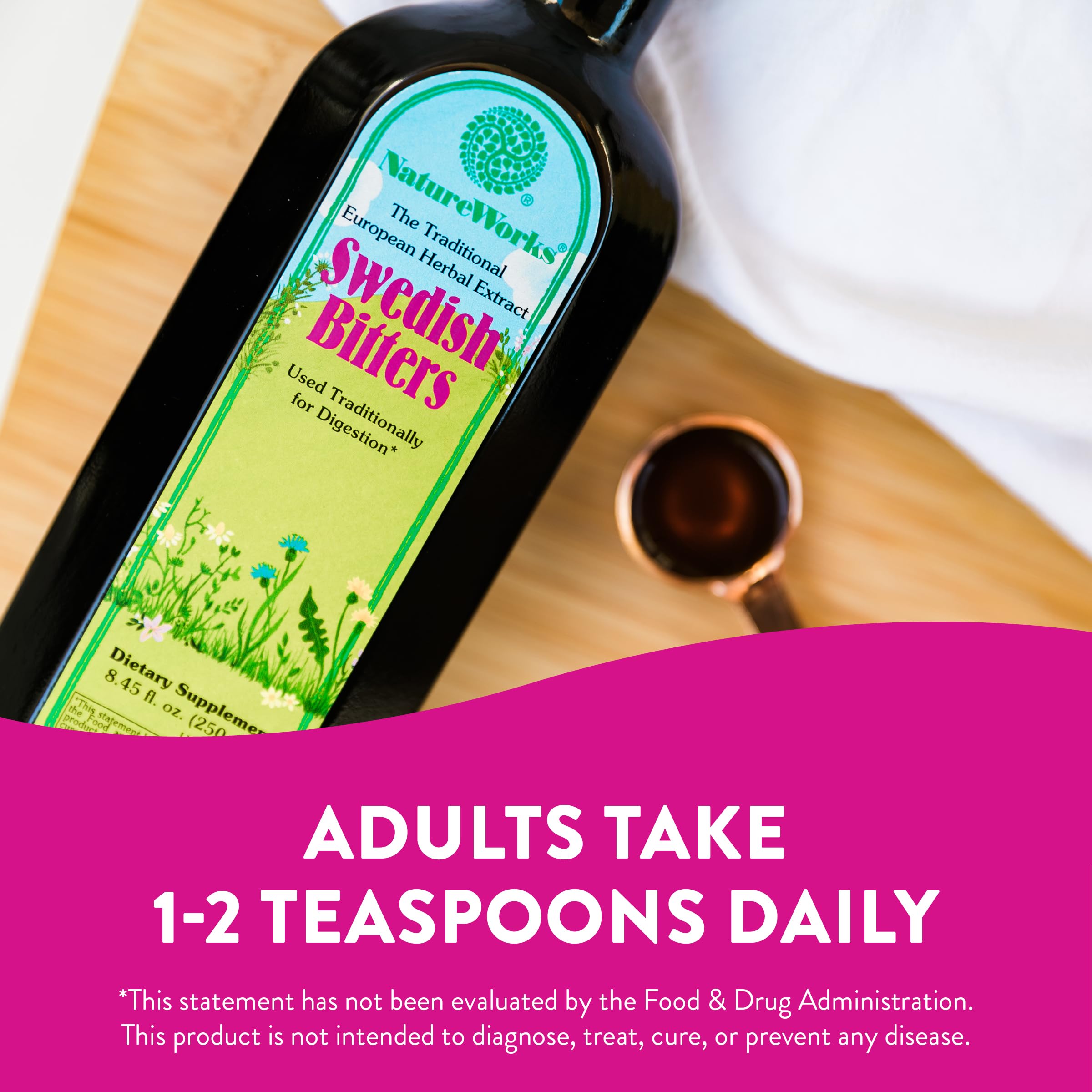 Nature Works Swedish Bitters drops over glass for ritual use and digestion.