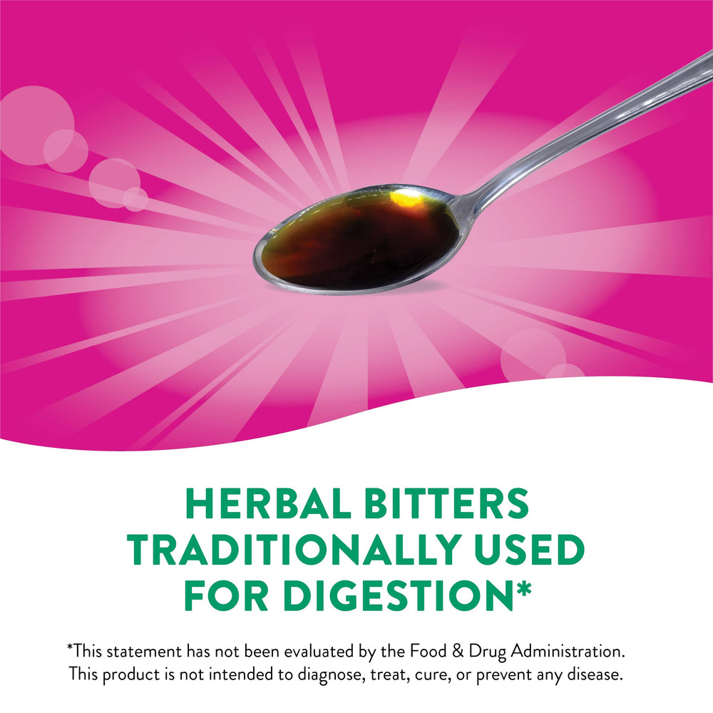 Nature Works Swedish Bitters label closeup, traditional herbal extract for digestion.
