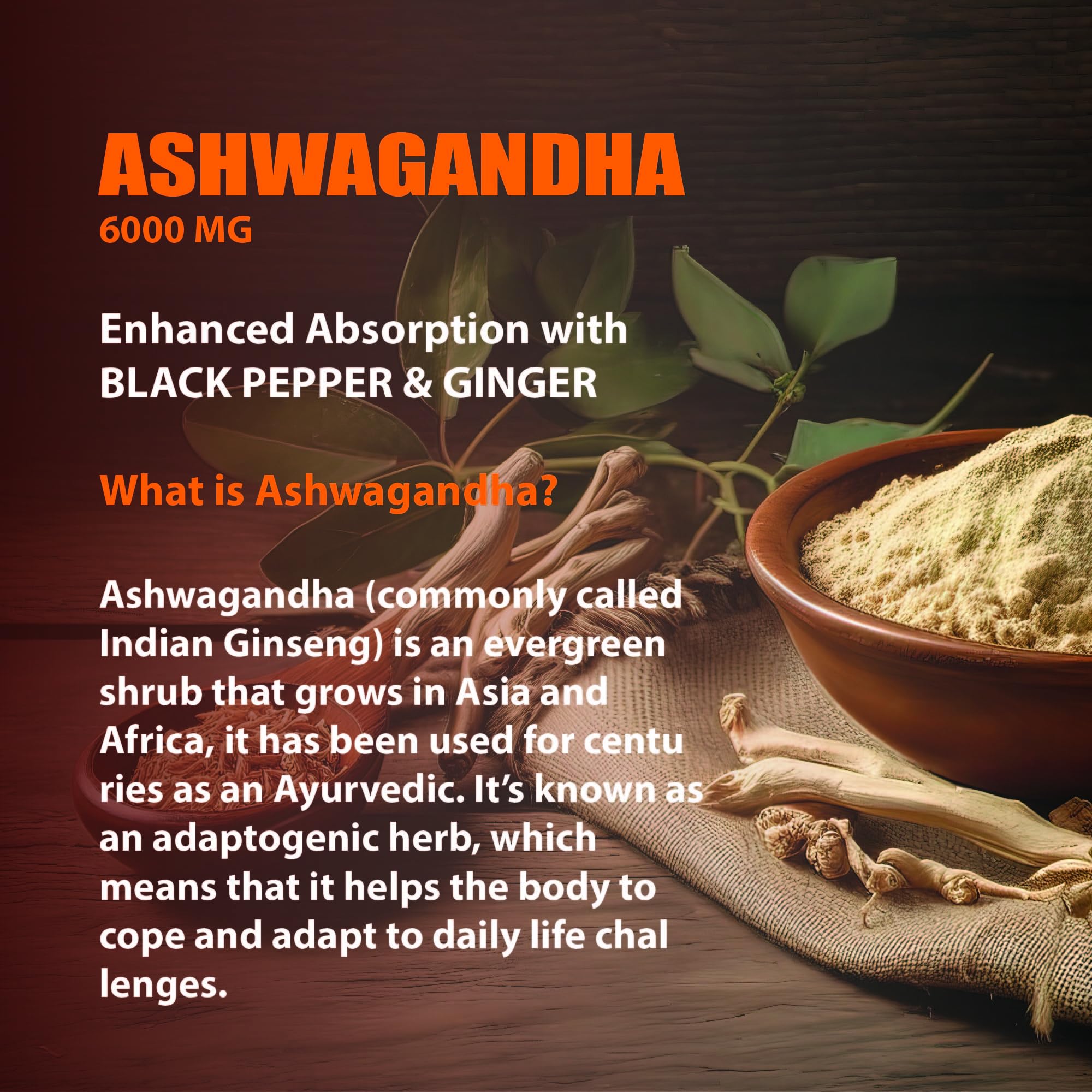 Nature4U ashwagandha root with black pepper and ginger for absorption.