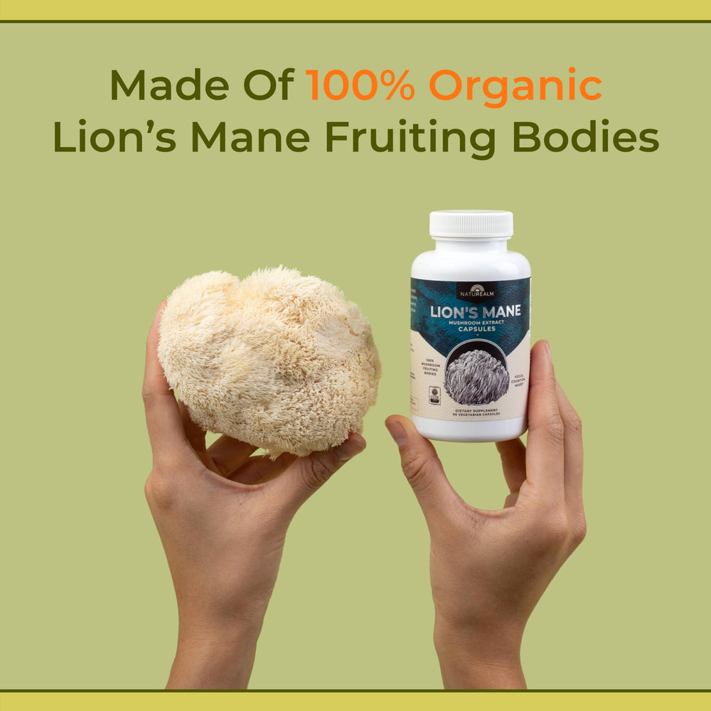 Naturealm Lion’s Mane bottle on a desk ready for daily cognitive support.