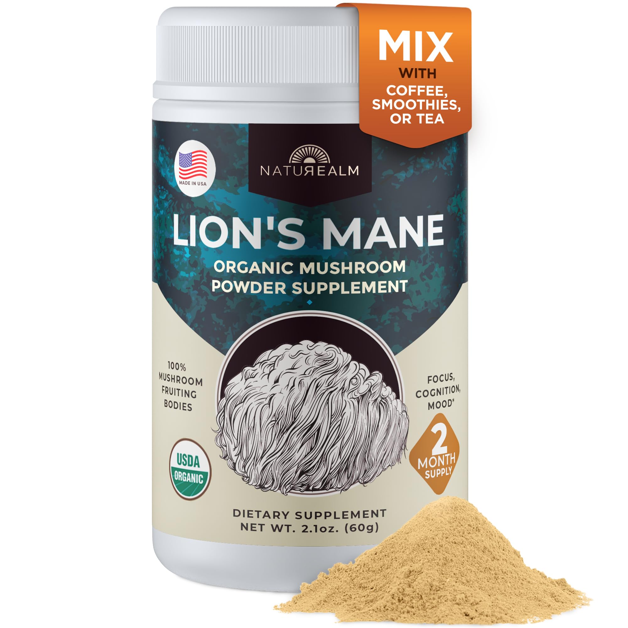 Naturealm Lions Mane powder jar shows pure fruiting body extract for focused mornings.