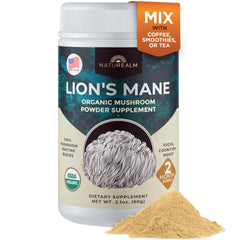 Naturealm Lions Mane powder jar shows pure fruiting body extract for focused mornings.