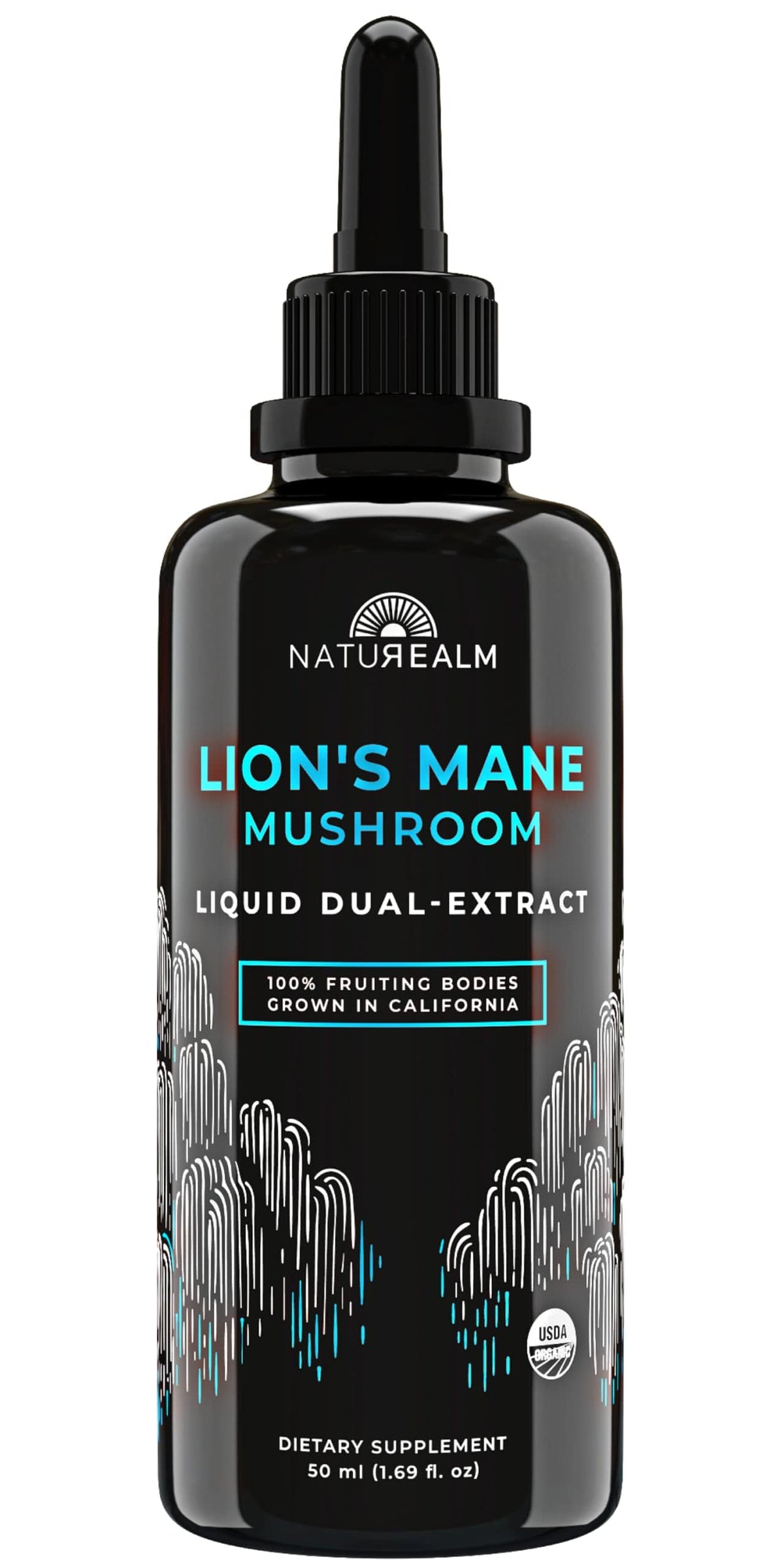Naturealm Lions Mane tincture bottle shows premium organic extract for cognitive support