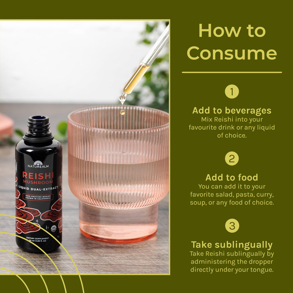 Pouring Naturealm Reishi tincture into a mug for evening ritual