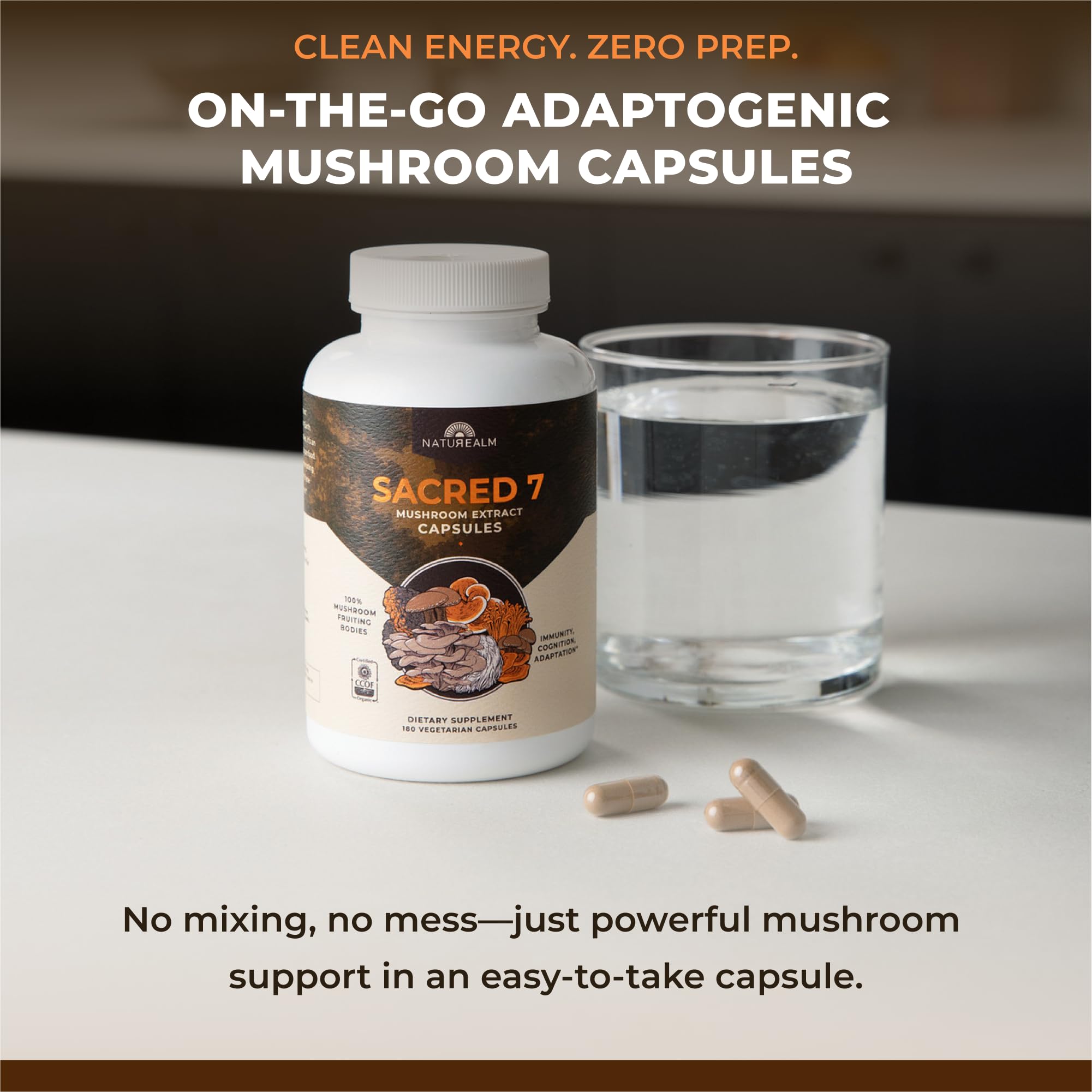 Naturealm Sacred 7 Mushroom 7-in-1 Blend Capsules Supplement bottle and capsules on a desk for daily use
