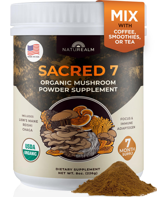 Naturealm Sacred 7 bottle close-up showcasing organic mushroom extract