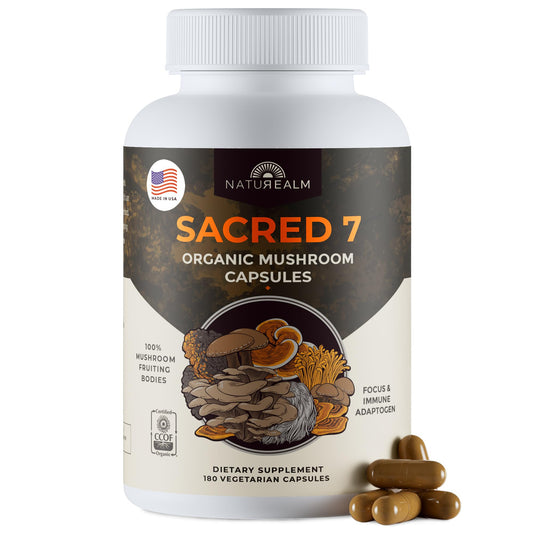 Naturealm Sacred 7 Mushroom 7-in-1 Blend Capsules Supplement bottle front for daily wellness