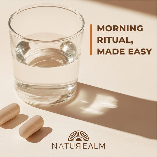 Close-up of Naturealm Sacred 7 capsules for convenient daily use.