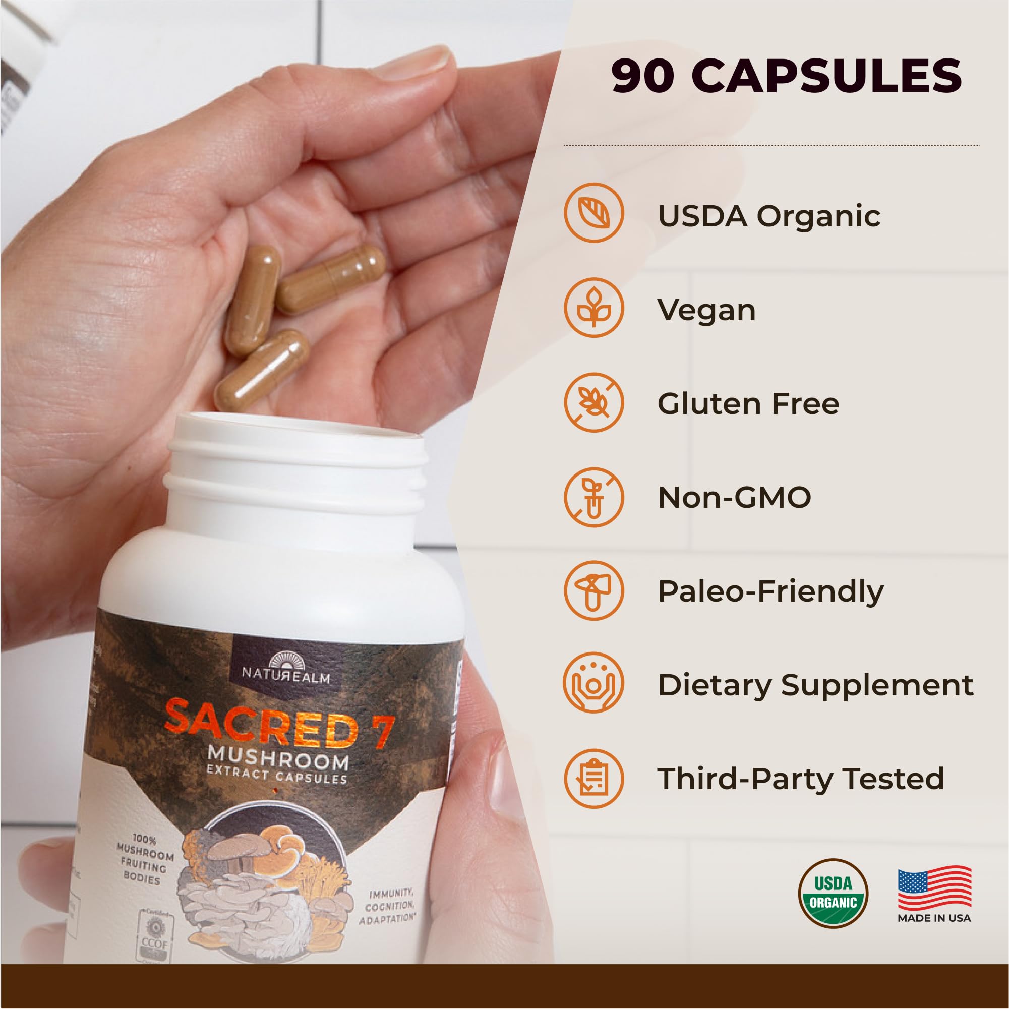Naturealm Sacred 7 serving setup showing three capsules per dose.