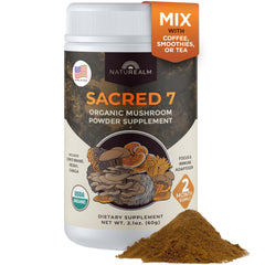 Naturealm Sacred 7 Mushroom Powder tub-front displays seven mushrooms for daily wellness.