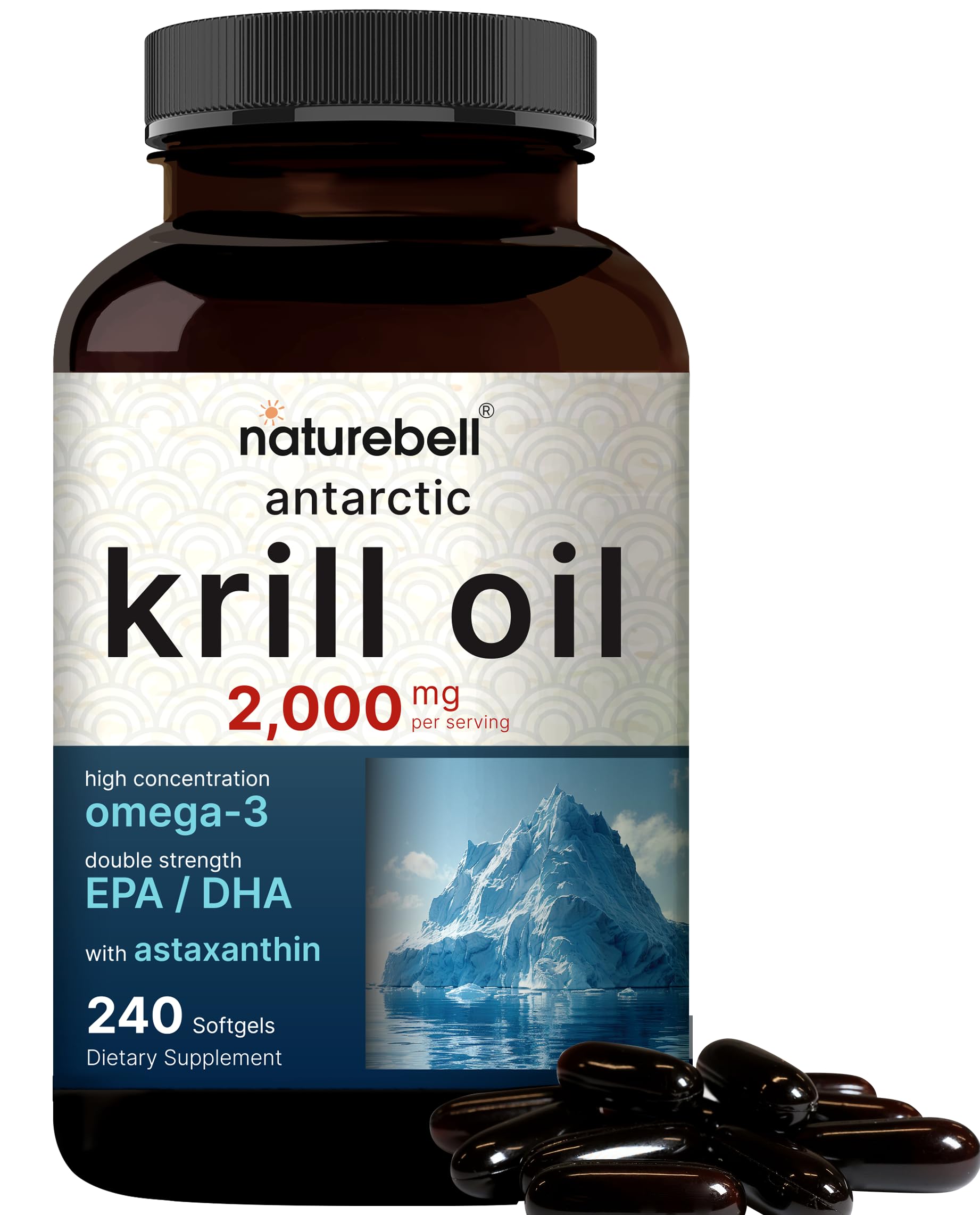 NatureBell Antarctic Krill Oil bottle highlights premium omega-3 and no fishy aftertaste.