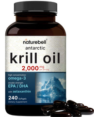 NatureBell Antarctic Krill Oil bottle highlights premium omega-3 and no fishy aftertaste.