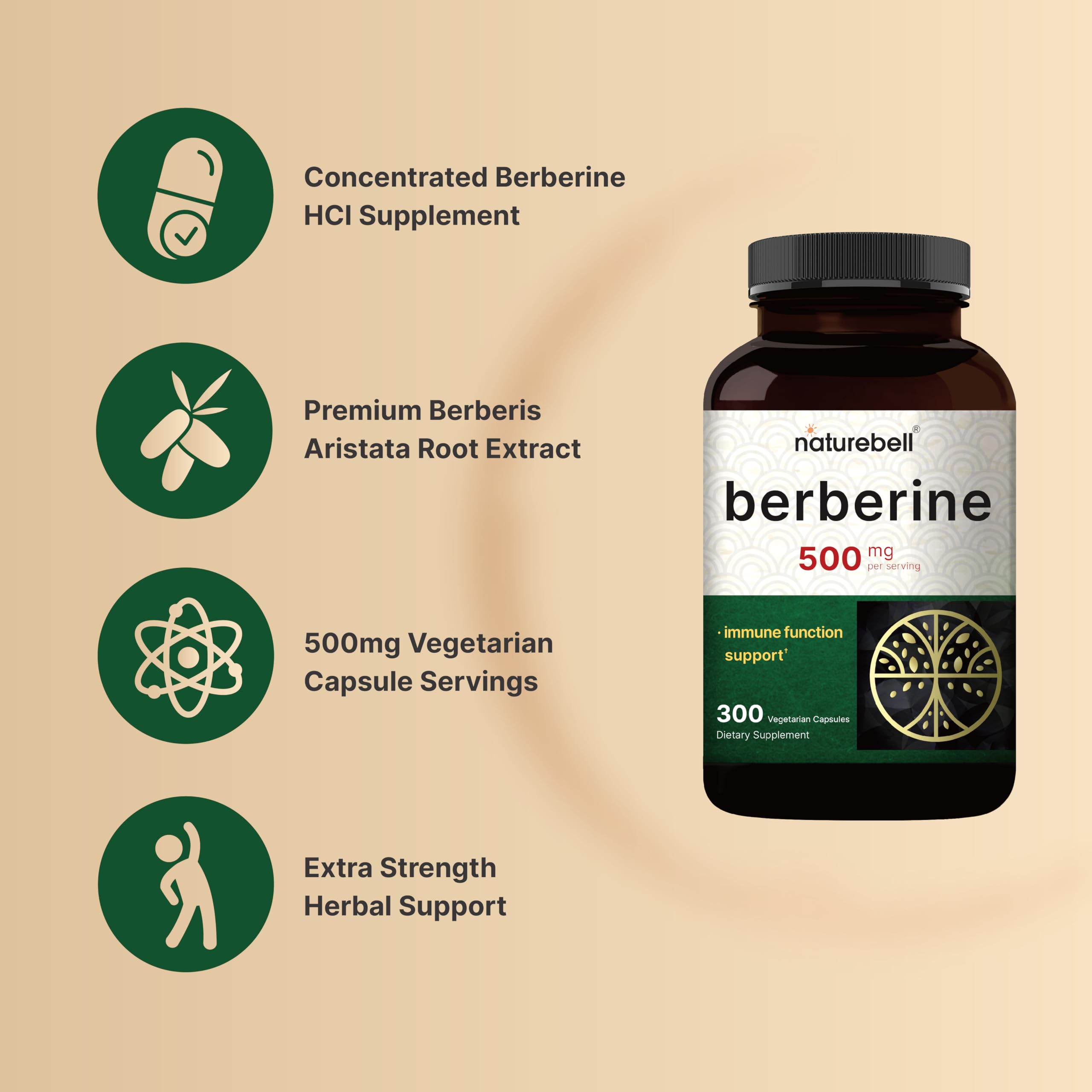 NatureBell Berberine 500mg bottle side view highlights packaging and formulation.