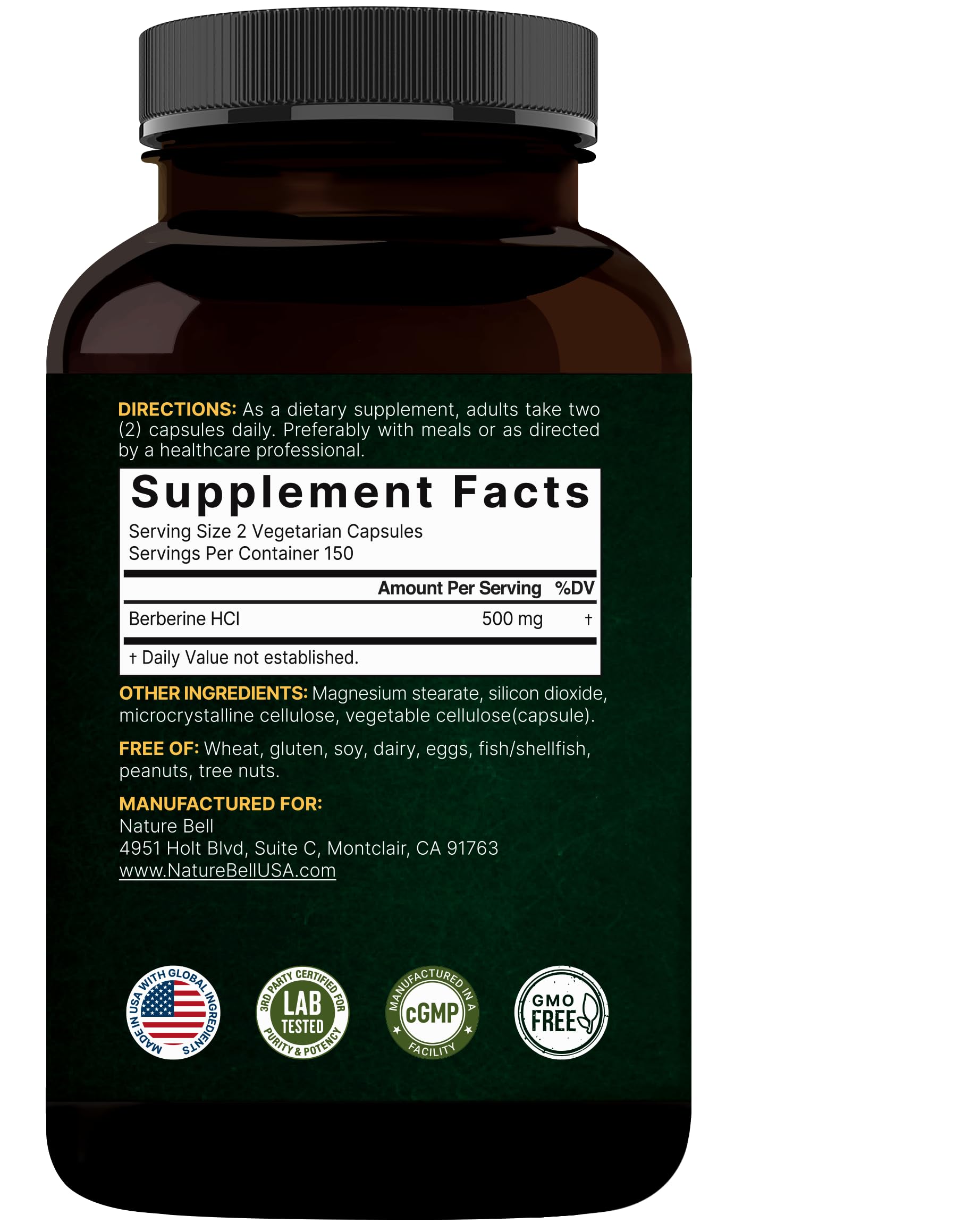 NatureBell Berberine 500mg packaged box highlights clean vegan formula.