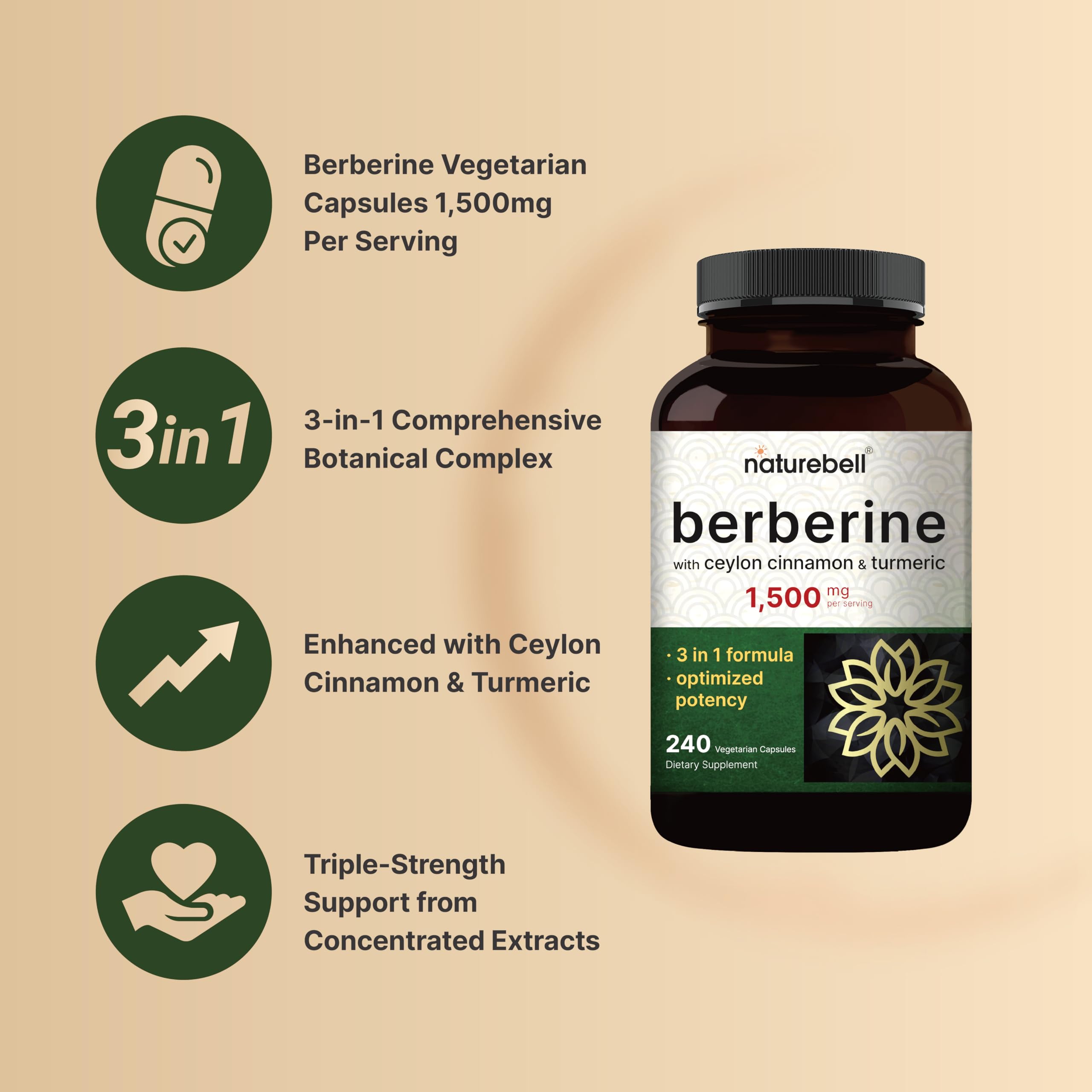 NatureBell Berberine bottle close-up showing vegan, non-GMO formulation.