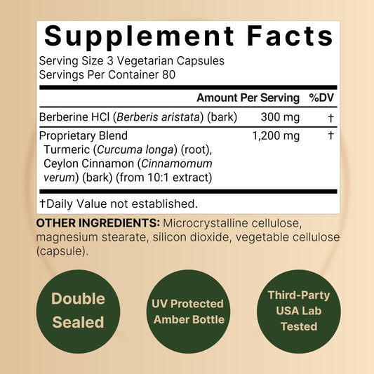 NatureBell Berberine bottle back label highlights 3-in-1 cinnamon and turmeric blend