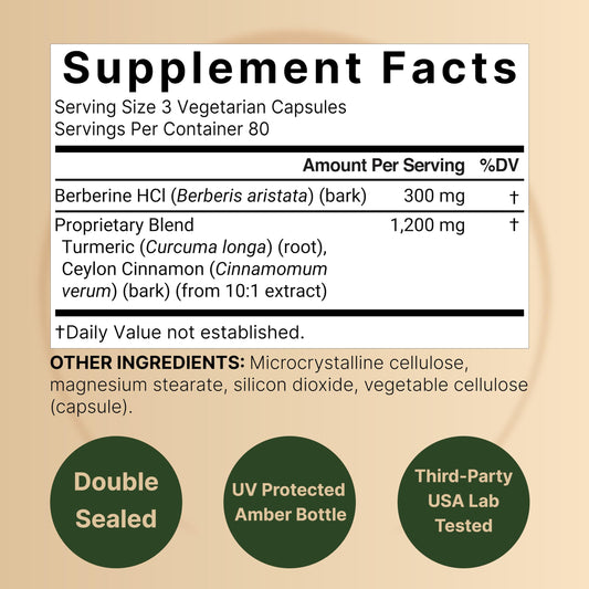 NatureBell Berberine capsules with cinnamon and turmeric promote metabolic balance.