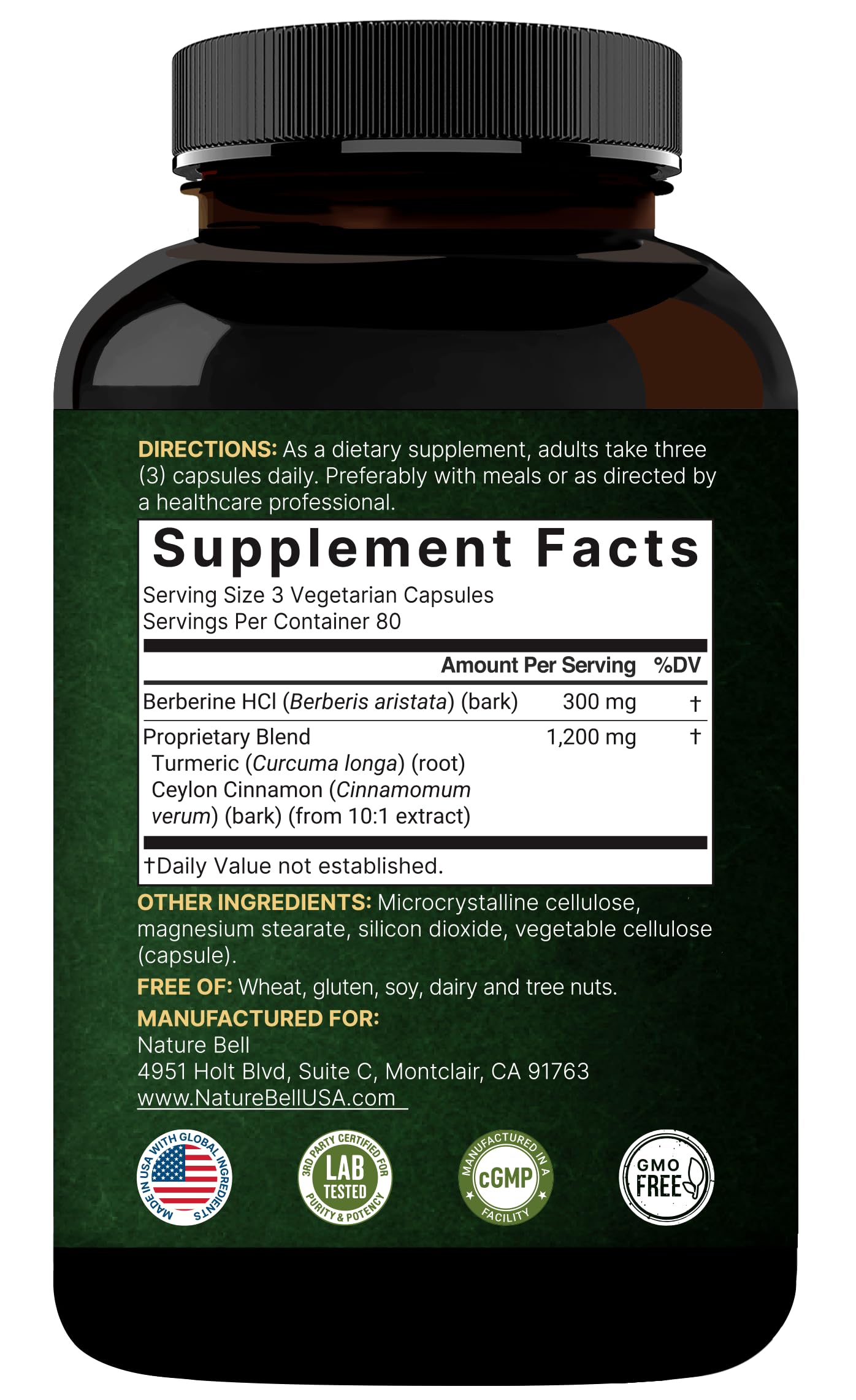 NatureBell berberine daily serving guidance showing 3 capsules per serving
