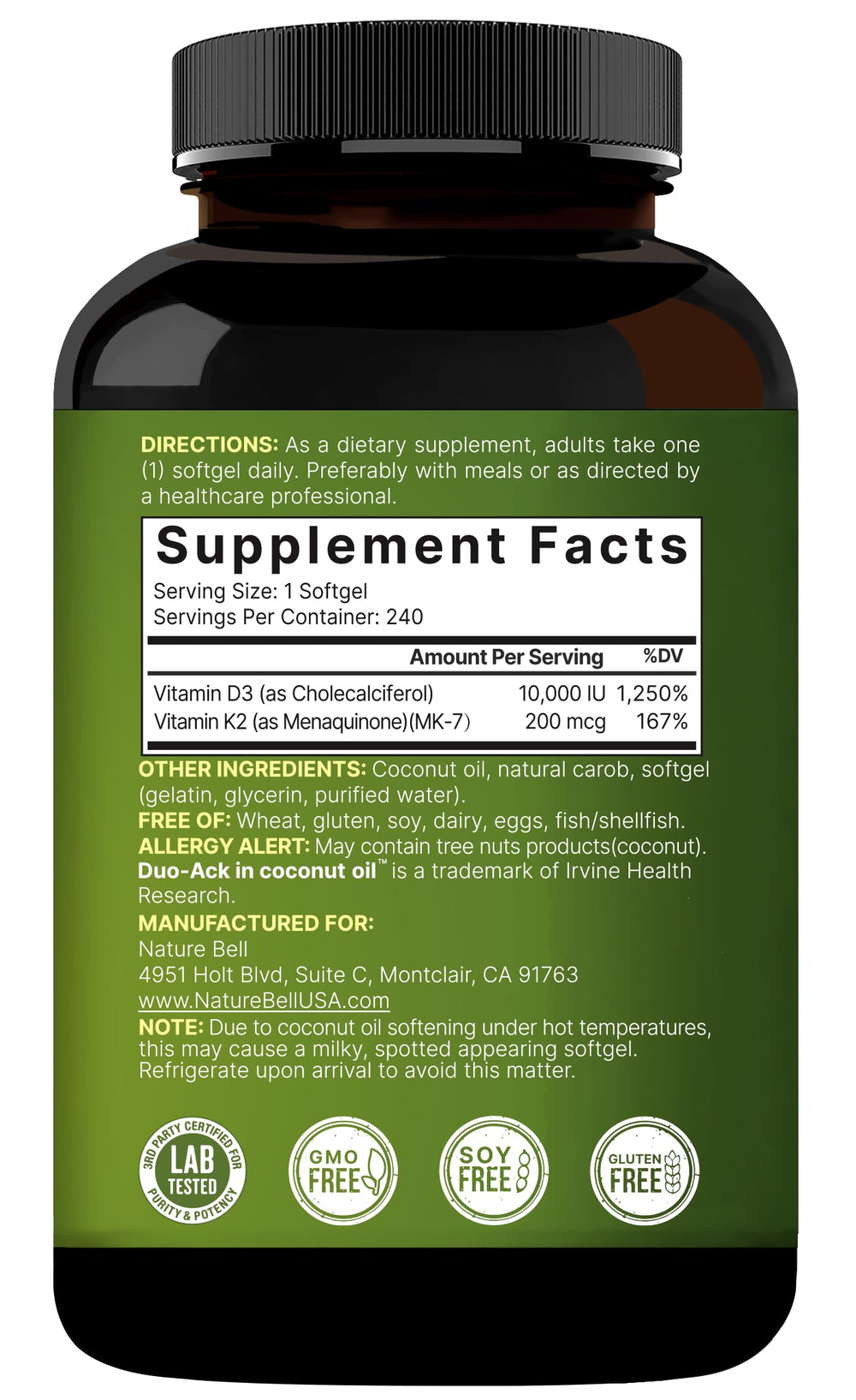 NatureBell cholecalciferol MK-7 form highlighting sun-derived vitamin D3 and long-lasting K2.