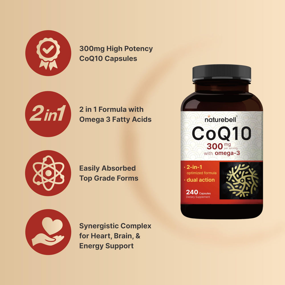 NatureBell CoQ10 300mg capsules closeup demonstrates easy-to-swallow design