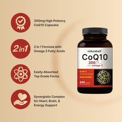 NatureBell CoQ10 300mg capsules closeup demonstrates easy-to-swallow design