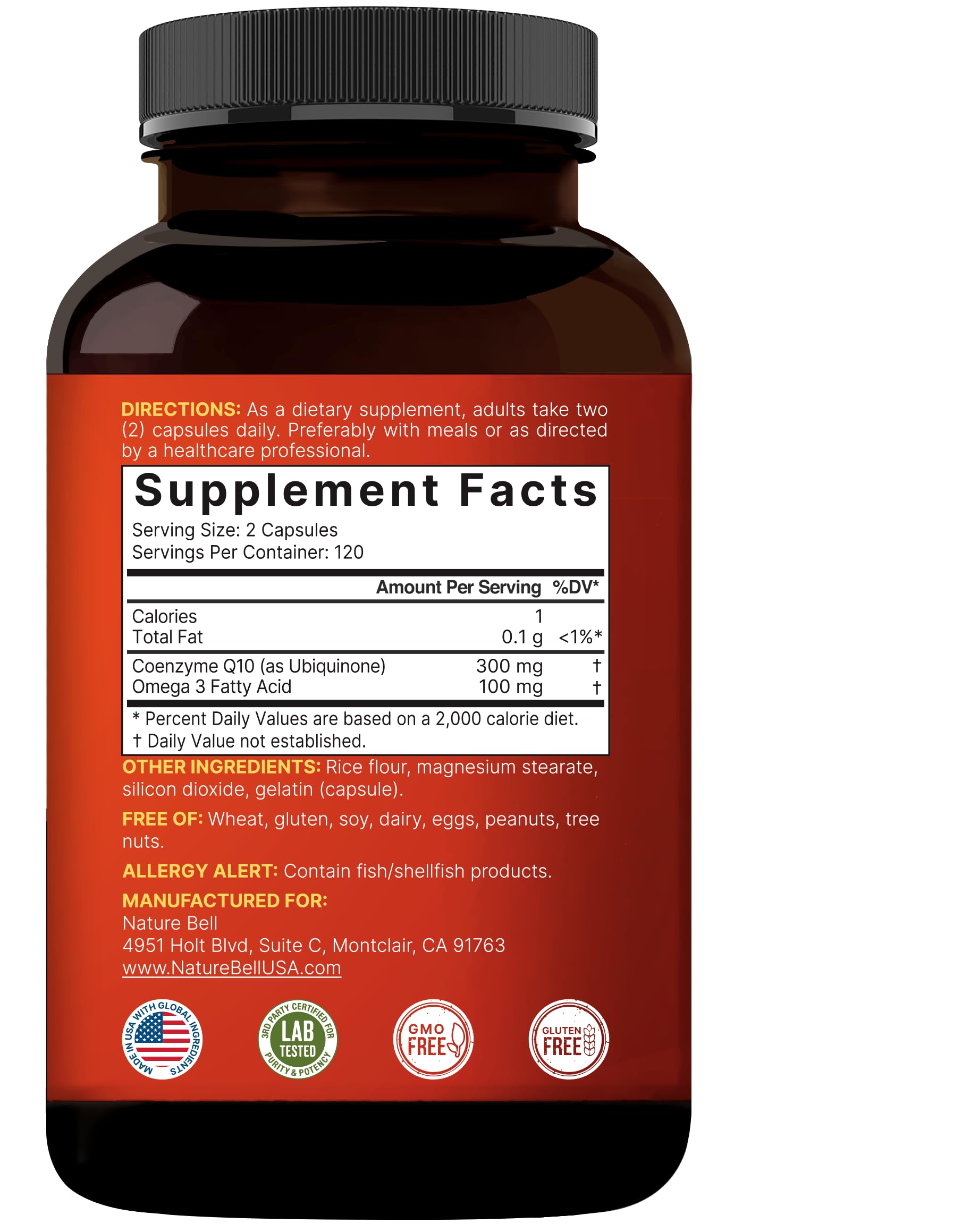 NatureBell CoQ10 300mg omega-3 blend image highlights essential fats
