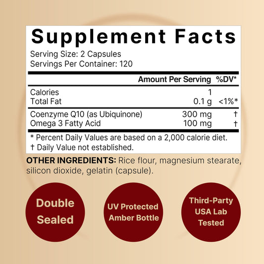 NatureBell CoQ10 300mg omega-3 softgels emphasize essential fatty acids for daily wellness