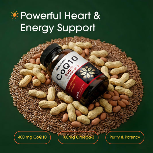 NatureBell CoQ10 Omega capsules closeup for antioxidant and energy support.