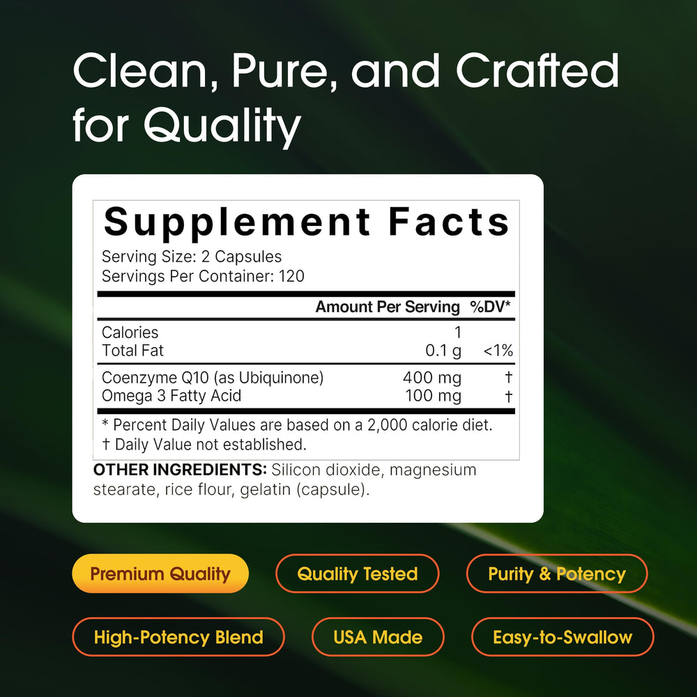 NatureBell CoQ10 Omega label zoom highlights purity and third-party testing.