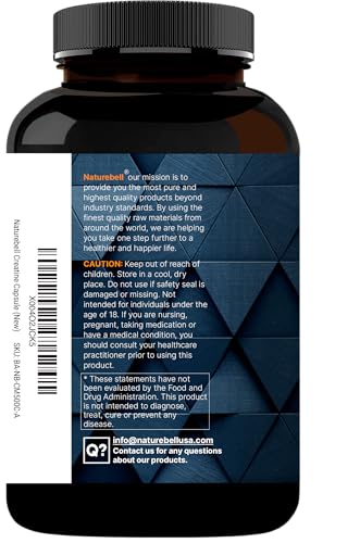 NatureBell creatine capsules closeup shows micronized form for faster absorption.