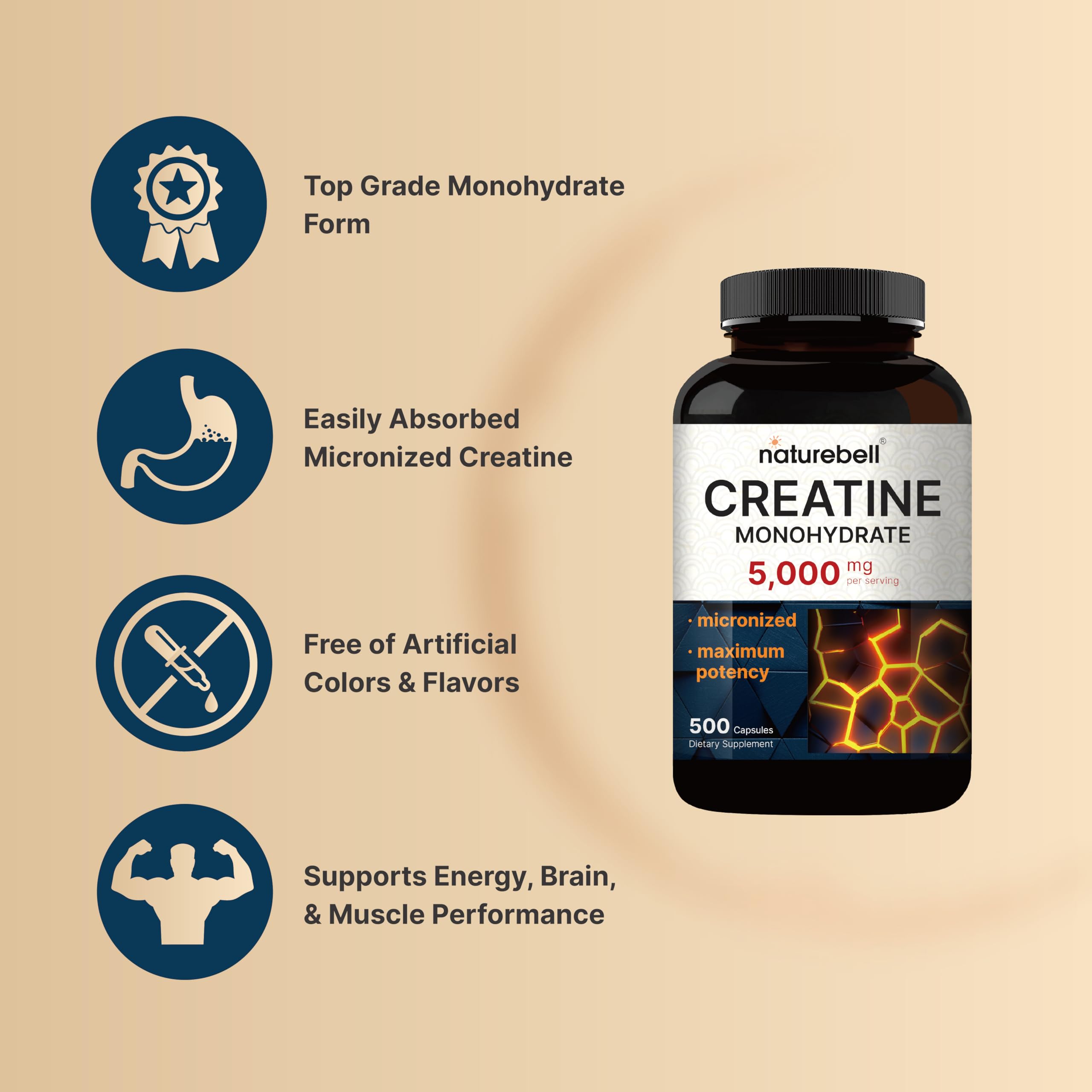 NatureBell capsules in hand suggest portable pre-workout support.