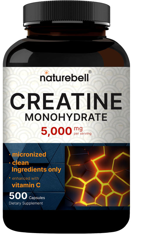 NatureBell Creatine monohydrate capsules bottle for daily energy support during workouts.