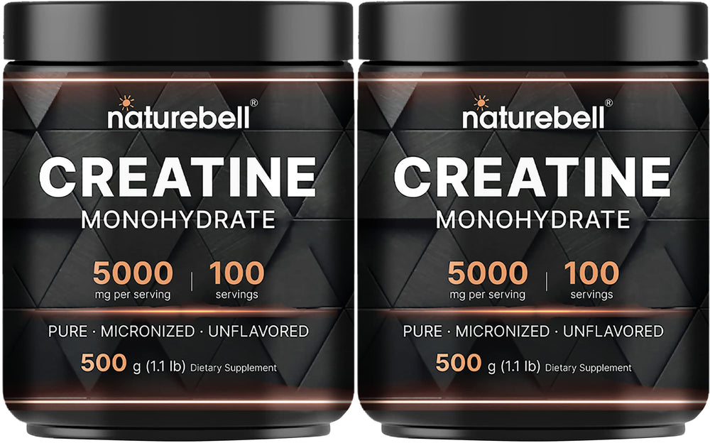 NatureBell creatine powder bottle shows 500 g container for high-potency workouts