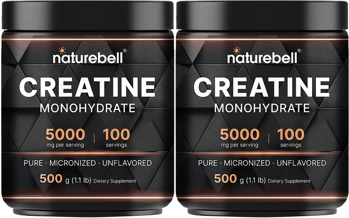 NatureBell creatine powder bottle shows 500 g container for high-potency workouts