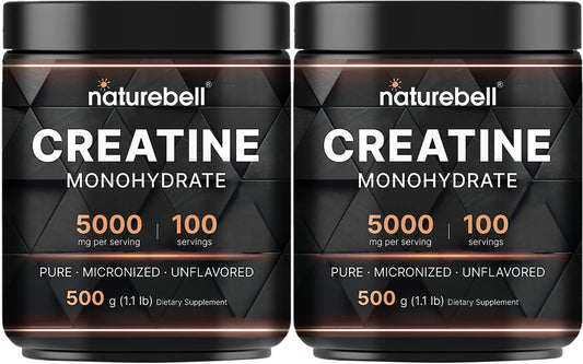 NatureBell creatine powder bottle shows 500 g container for high-potency workouts