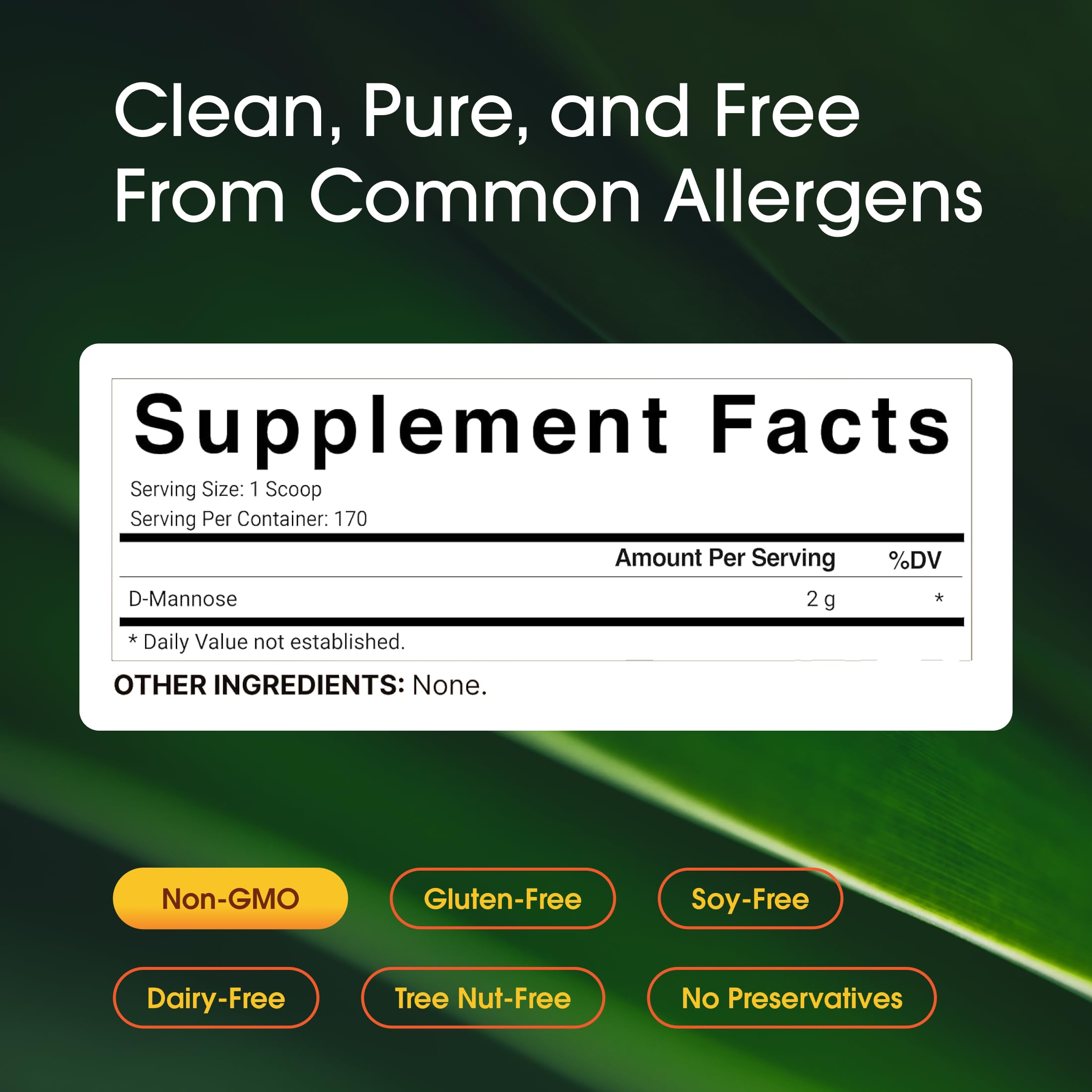 NatureBell D-Mannose label close-up shows non-GMO, allergen-free formulation.