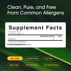 NatureBell D-Mannose label close-up shows non-GMO, allergen-free formulation.