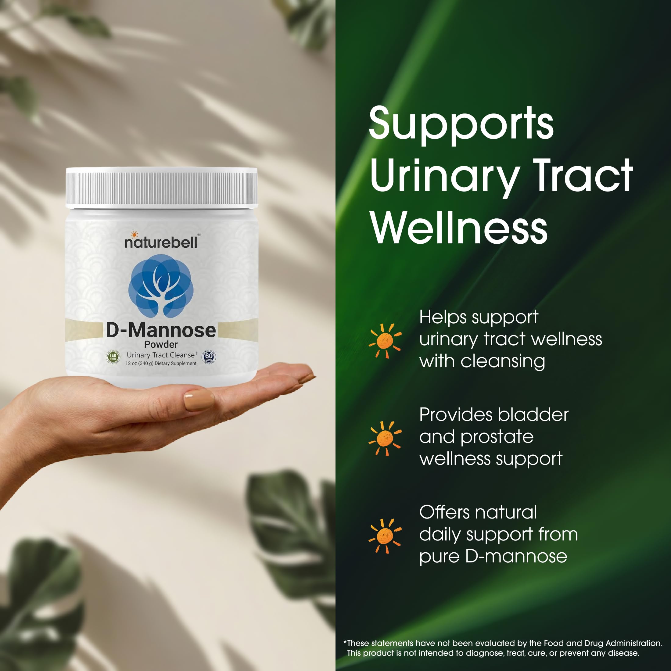 NatureBell D-Mannose powder pour demonstrates fast-dissolving powder in drinks.