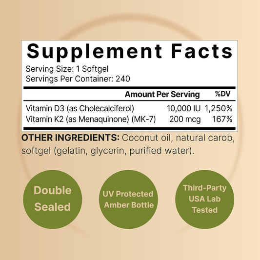 NatureBell D3 and K2 softgels label closeup showing MK-7 form for calcium utilization.