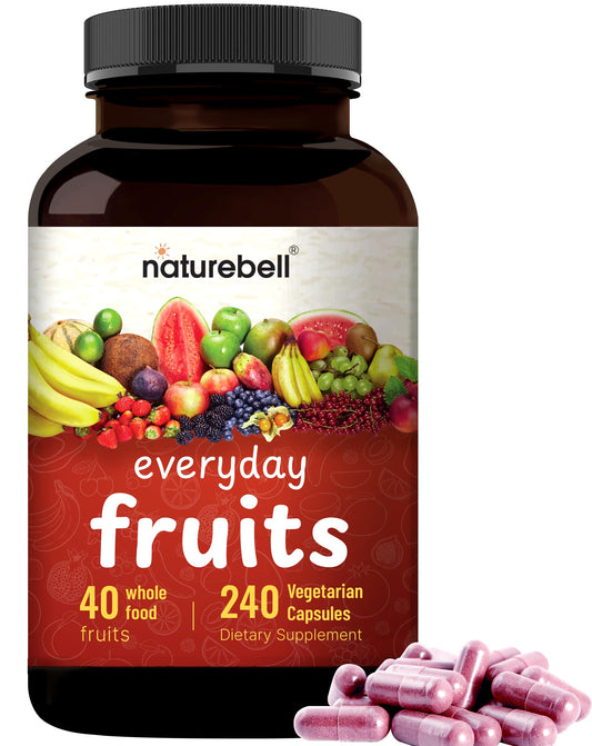Close-up of NatureBell fruit blend capsules highlighting antioxidants for daily nutrition.