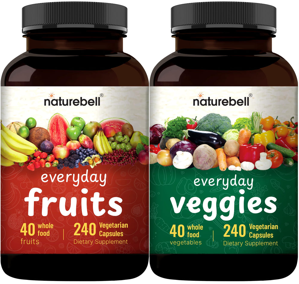 NatureBell Fruit and Veggies Supplement bottle with vegan capsules for daily greens.