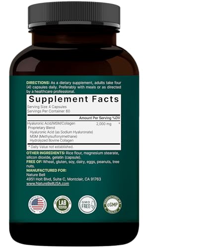 NatureBell Hyaluronic Acid 2-Pack MSM and collagen jar signals 3-in-1 support.