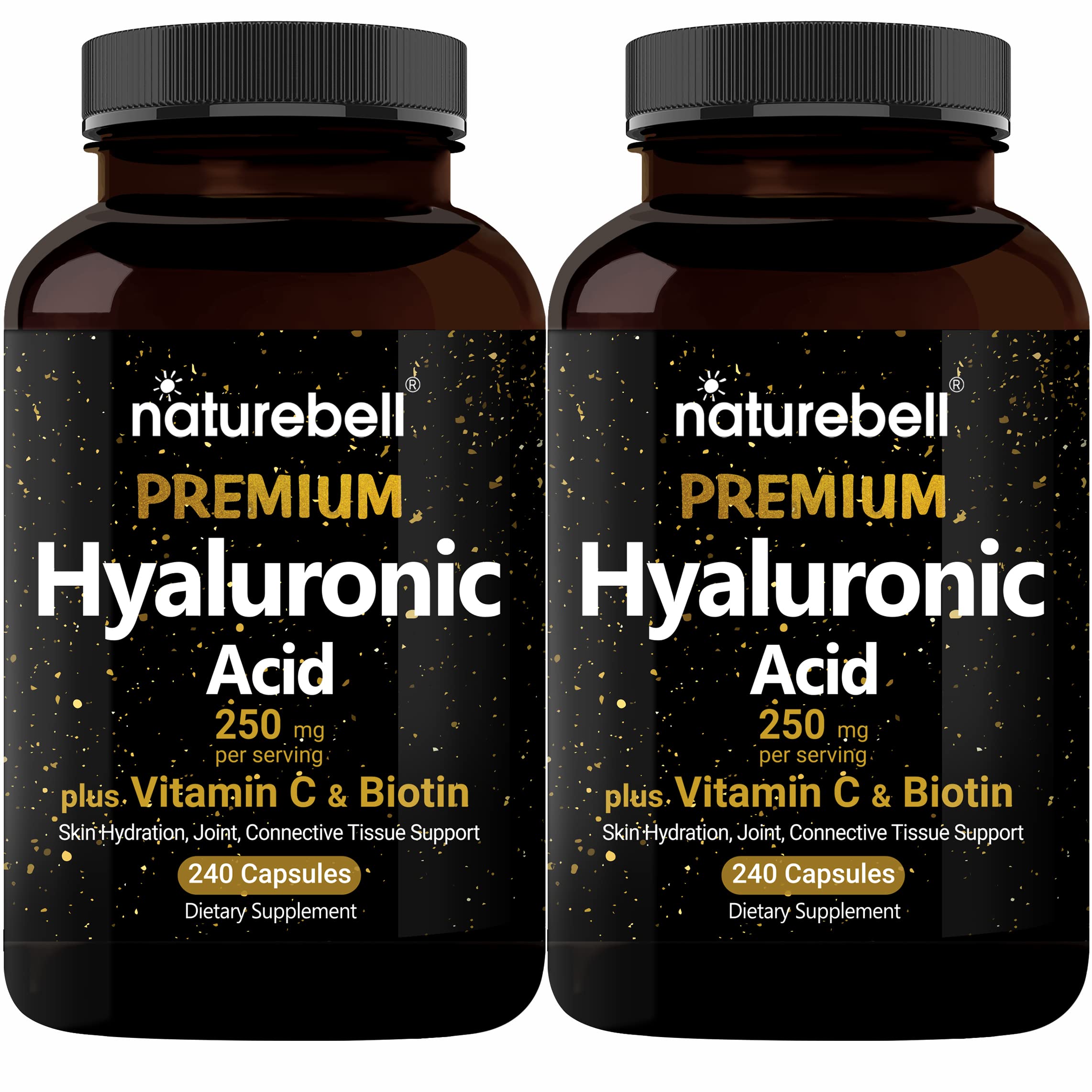 Closeup of NatureBell hyaluronic acid bottle for skin hydration.