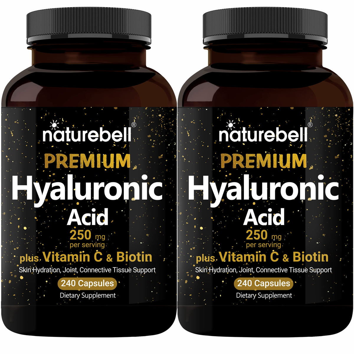 Closeup of NatureBell hyaluronic acid bottle for skin hydration.