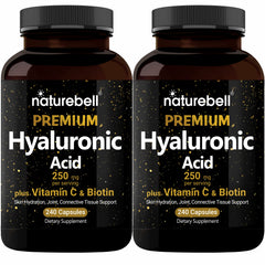 Closeup of NatureBell hyaluronic acid bottle for skin hydration.