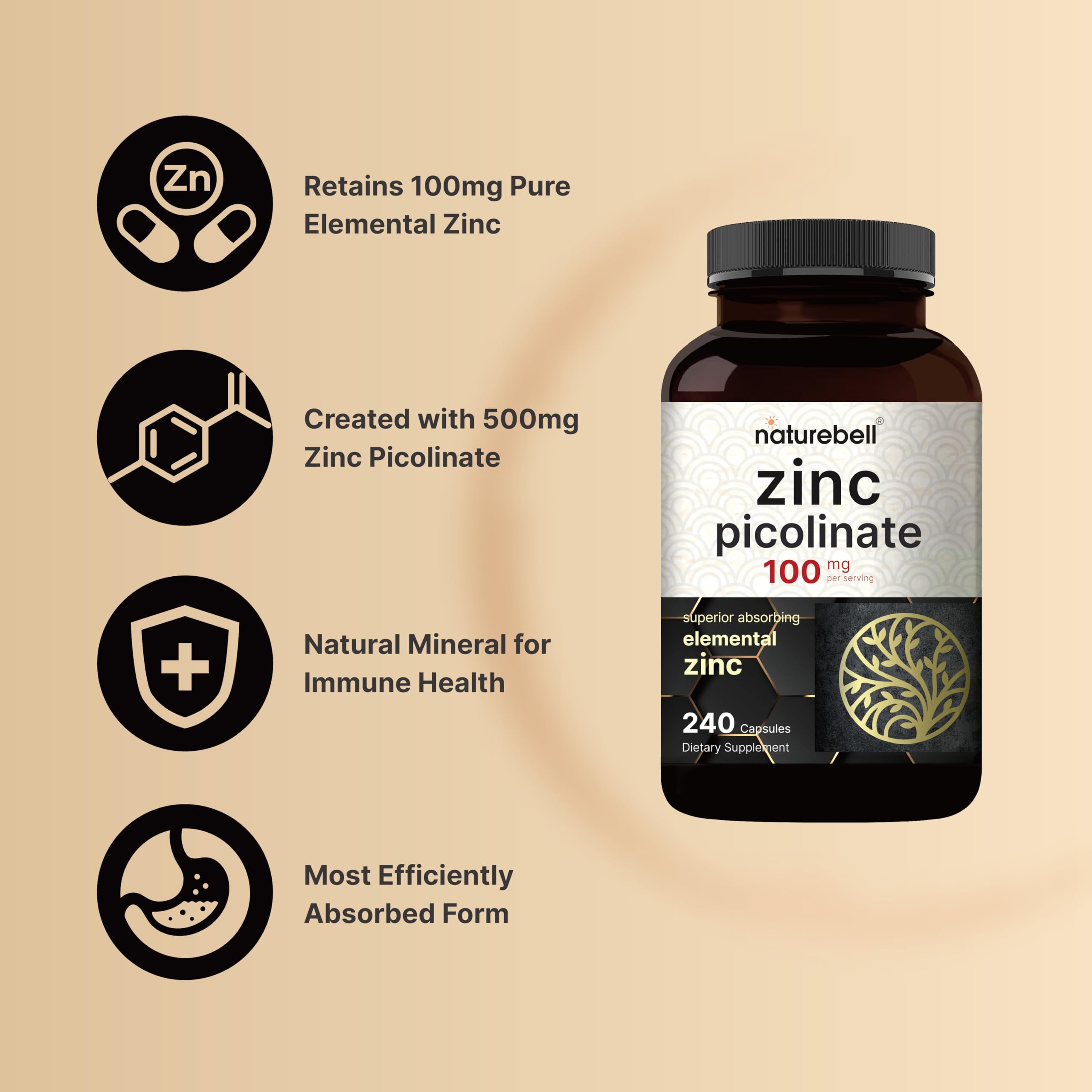 NatureBell immune-support zinc 100mg bottle for on-the-go routine.