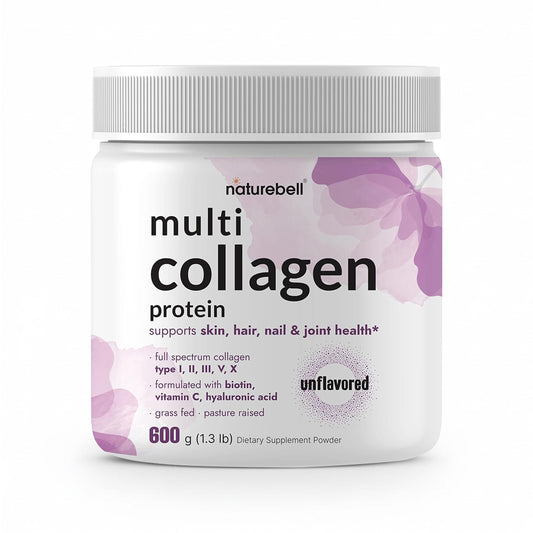NatureBell Multi Collagen Powder bottle 600g showing grass-fed formula for skin and joint support.