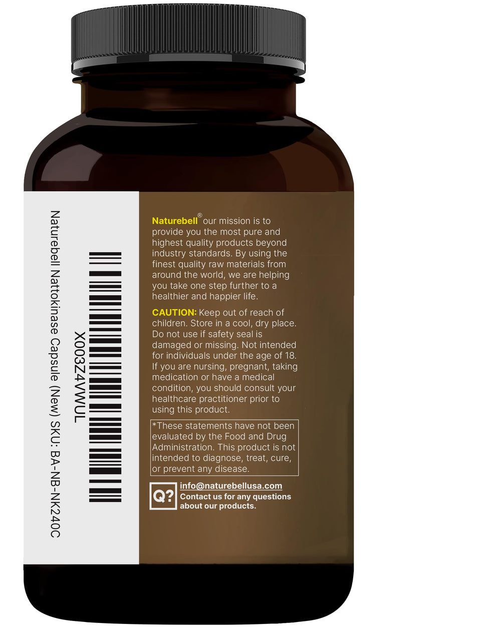 NatureBell nattokinase box and bottle with non-GMO and allergen-free features