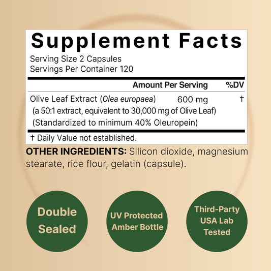 NatureBell olive leaf extract bottle label highlights 50:1 extract and 40% oleuropein