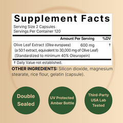 NatureBell olive leaf extract bottle label highlights 50:1 extract and 40% oleuropein